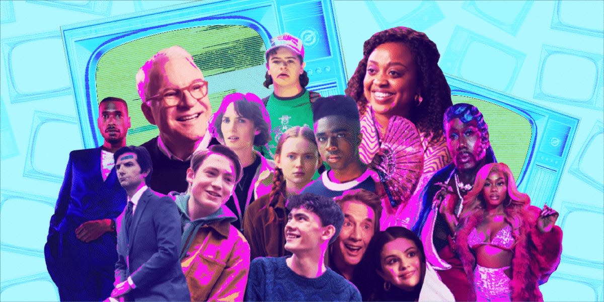 Photo collage of best TV shows of 2022, so far including characters from: Heartstopper, Only Murders in the Building, P-Valley, Stranger Things, and Abbott Elementary