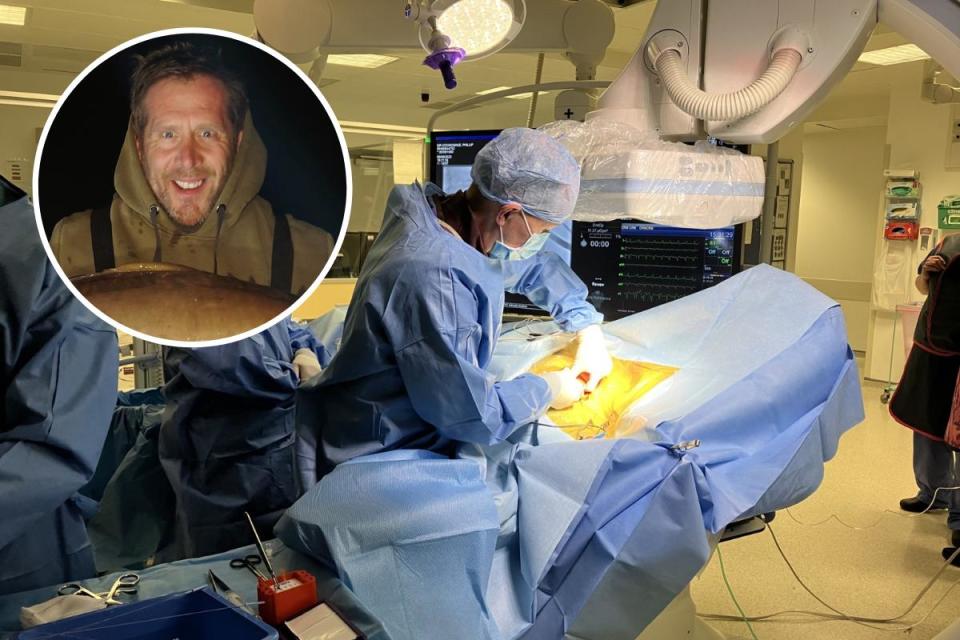 Phil O’Donoghue undergoing surgery at UHS. INSET: Phil O’Donoghue <i>(Image: UHS)</i>