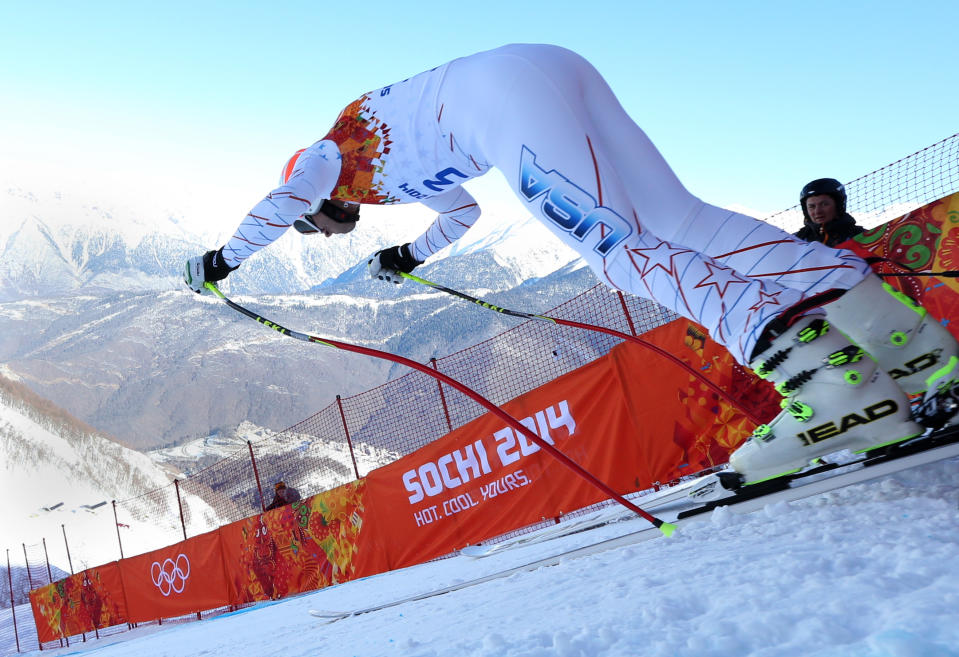 United States' Bode Miller starts in a men's downhill training run for the 2014 Winter Olympics, Thursday, Feb. 6, 2014, in Krasnaya Polyana, Russia. (AP Photo/Alessandro Trovati)