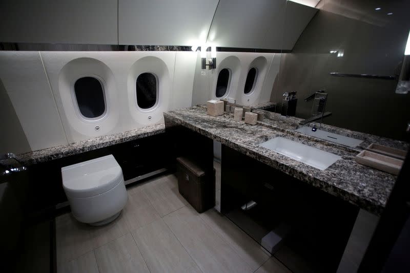 FILE PHOTO: A bathroom of the Mexican Air Force Presidential Boeing 787-8 Dreamliner is pictured during a media tour before is put up for sale by Mexico's new President, at Benito Juarez International Airport in Mexico City