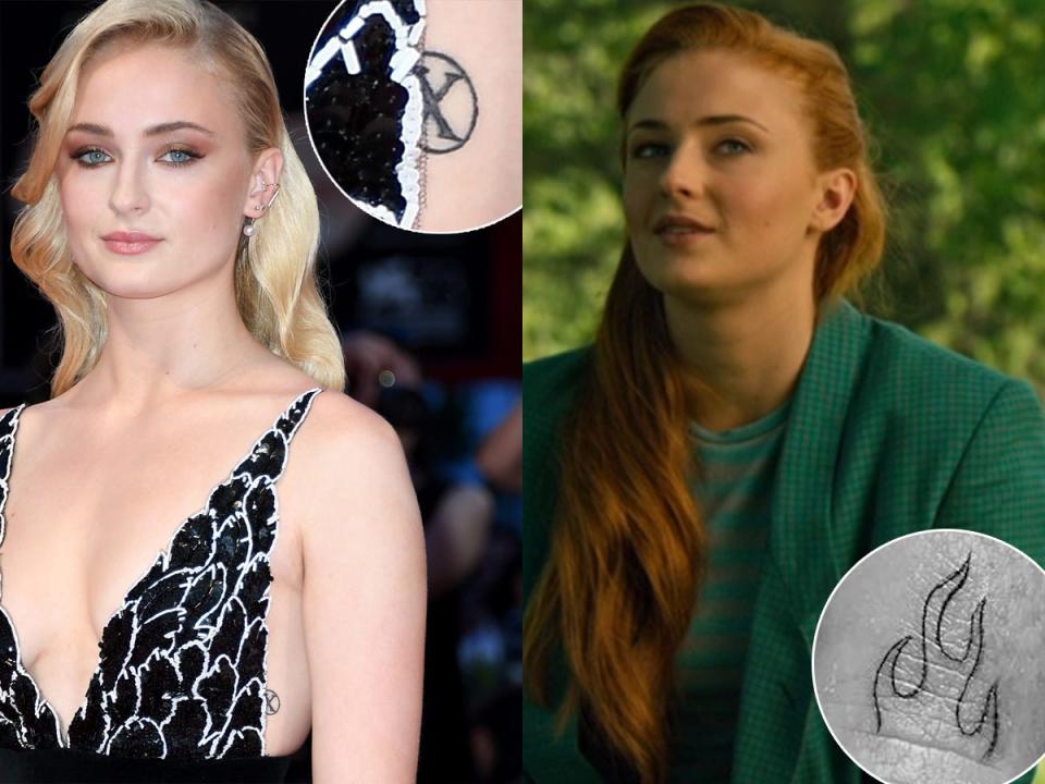 On the left: Sophie Turner and her "X-Men" tattoo. On the right: Turner as Jean Grey in "X-Men: Apocalypse" and her flame tattoo.