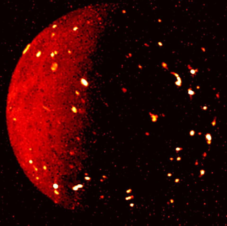 NASA’s Juno mission captured this infrared view of Jupiter’s volcanic moon Io on July 5, 2022, when the spacecraft was about 50,000 miles away.