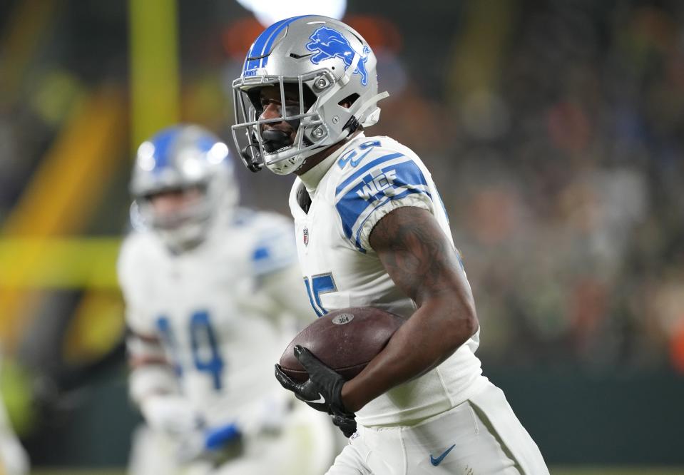 Lions safety Will Harris reacts after recovering a fumble during the first half on Sunday, Jan.  8, 2023, in Green Bay, Wisconsin.