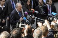 French Foreign Minister Laurent Fabius (L) arrives on March 28, 2015 for nuclear talks with Iran in Lausanne