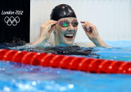 LONDON, ENGLAND - AUGUST 03: Missy Franklin celebrates winning the Women's 200m Backstroke Final on Day 7 of the London 2012 Olympic Games at the Aquatics Centre on August 3, 2012 in London, England. (Photo by Al Bello/Getty Images)