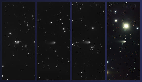 Images of Comet ISON obtained using the Gemini Multi-Object Spectrograph at Gemini North on February 4, March 4, April 3, and May 4, 2013 (left to right, respectively; Comet ISON at center in all images).