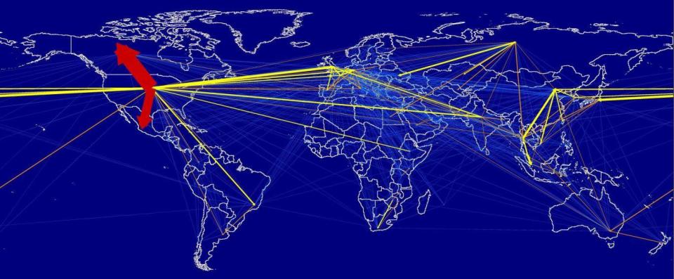 International travel was responsible for 23 per cent of the global carbon footprint of tourism in 2013, and this graphic shows the flow of carbon emissions from that source around the world. Arrows point in the opposite direction of the movement of people, and the colours red to blue represent the top to the bottom emission sources (University of Sydney)