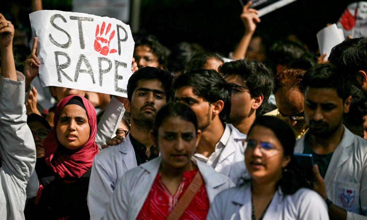 <span>Medics and students protest in Delhi on Friday over the rape and murder of a doctor in Kolkata.</span><span>Photograph: Sajjad Hussain/AFP/Getty Images</span>