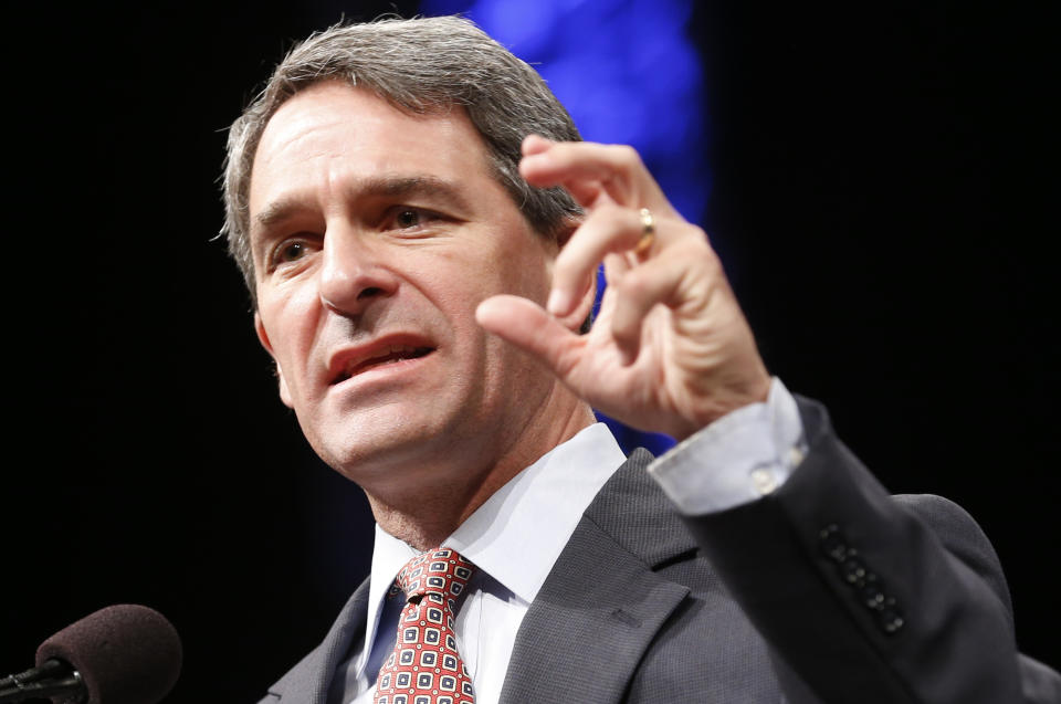 FILE - In this Saturday June 7, 2014 file photo, former Virginia Attorney General Ken Cuccinelli addresses the Virginia GOP Convention in Roanoke, Va. President Donald Trump’s anointment of Cuccinelli as acting head of a major federal immigration agency has prompted muttering from Republican senators whose job descriptions include confirming top administration aides. But it’s not gone beyond muttering. Their reluctance to confront Trump comes as veterans of the confirmation process and analysts say he’s placed acting officials in key posts in significantly higher numbers than his recent predecessors. (AP Photo/Steve Helber, File)