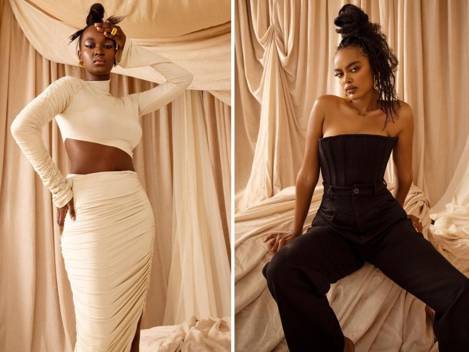 Side-by-side images of two Hanifa garments: one is a white two piece cutout shirt-skirt combo, and the other is a black corset styled with a black pair of loose-fitting jeans.