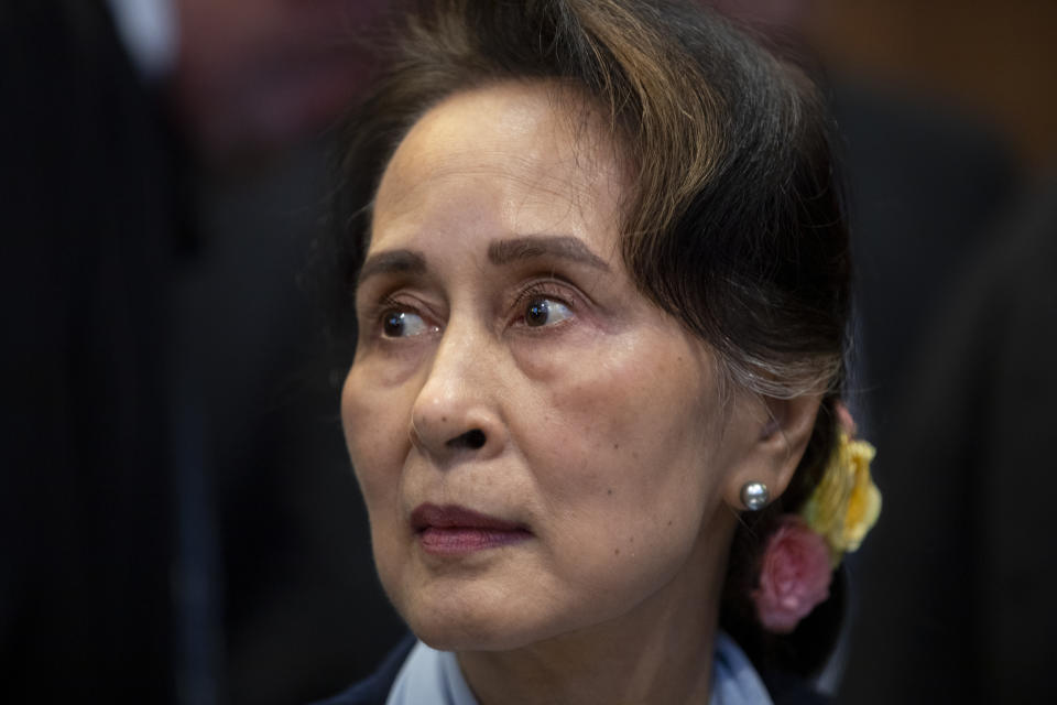 FILE - Then Myanmar's leader Aung San Suu Kyi waits to address judges of the International Court of Justice in The Hague, Netherlands, Dec. 11, 2019. The U.N. Security Council approved its first-ever resolution on Myanmar on Wednesday, Dec. 21, 2022, demanding an immediate end to violence in the Southeast Asian nation and urging its military rulers to release all “arbitrarily detained” prisoners including former leader Aung San Suu Kyi and restore democratic institutions.(AP Photo/Peter Dejong, File)