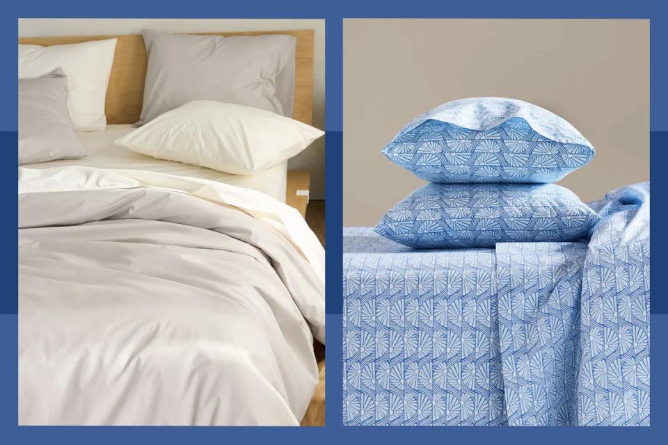 a couple of beds with blue and white pillows