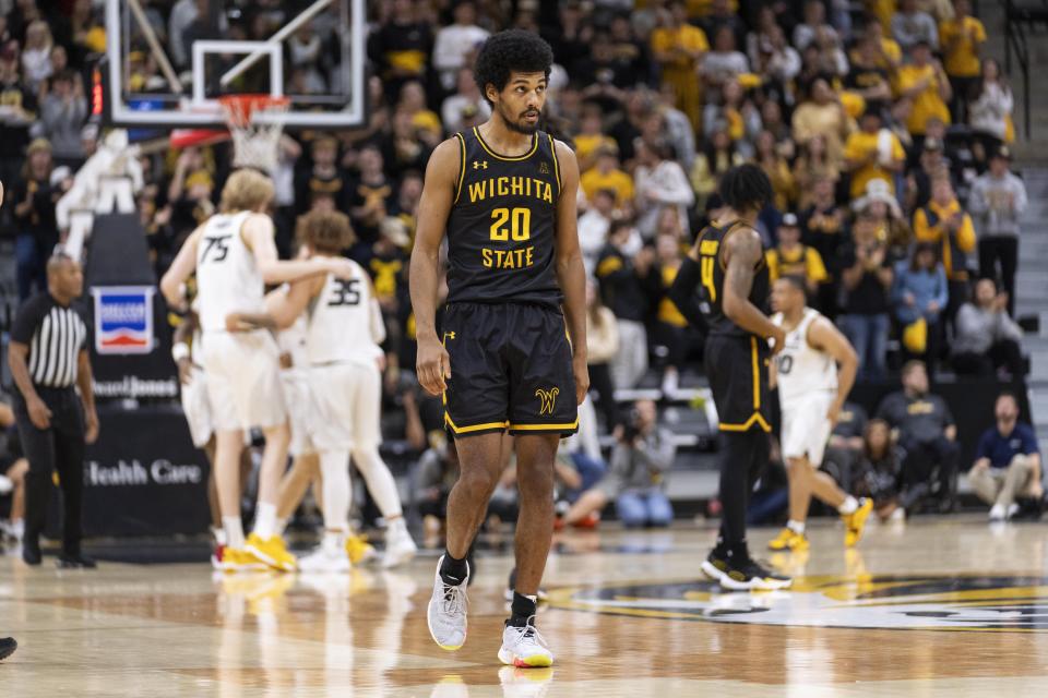 Wichita State's Harlond Beverly walks down the court during a break in the final minute in the second half of an NCAA college basketball game against Wichita State Sunday, Dec. 3, 2023, in Columbia, Mo. Missouri won 82-72. (AP Photo/L.G. Patterson)