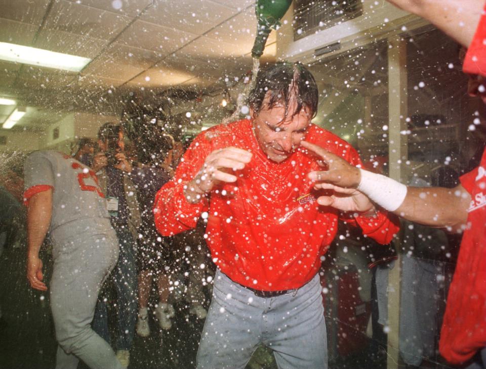 5 Oct 1996: Manager Tony LaRusssa of the St. Louis Cardinals is doused with champagne after his team's 7-5 victory over the San Diego Padres in game three of the National League Divisional Series held at Jack Murphy Stadium in San Diego, California. The C