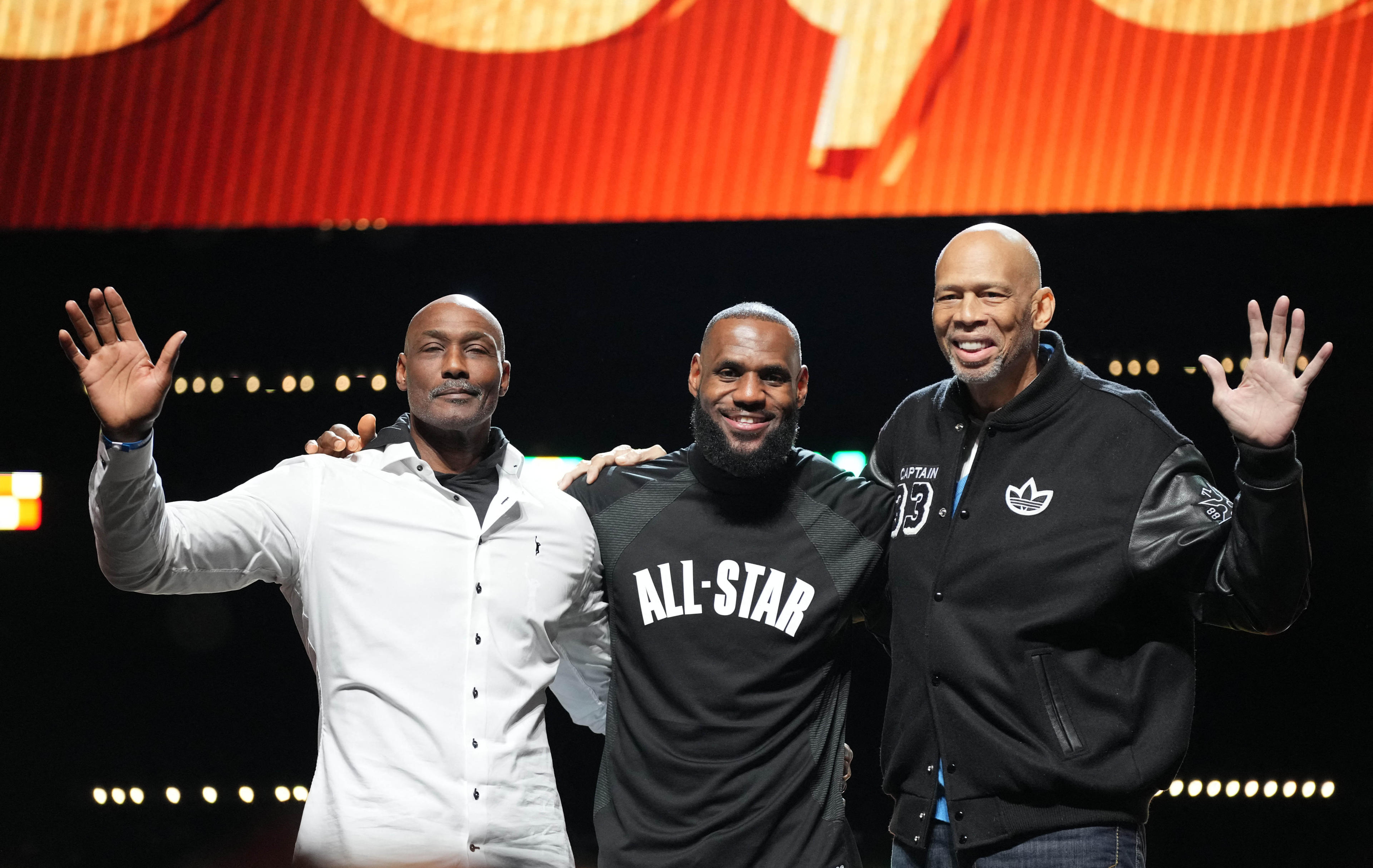 Feb 19, 2023; Salt Lake City, UT, USA; The top three NBA scoring leaders from left Karl Malone, LeBron James and Kareem Abdul-Jabbar pose for a photo in the 2023 NBA All-Star Game at Vivint Arena. Mandatory Credit: Kyle Terada-USA TODAY Sports