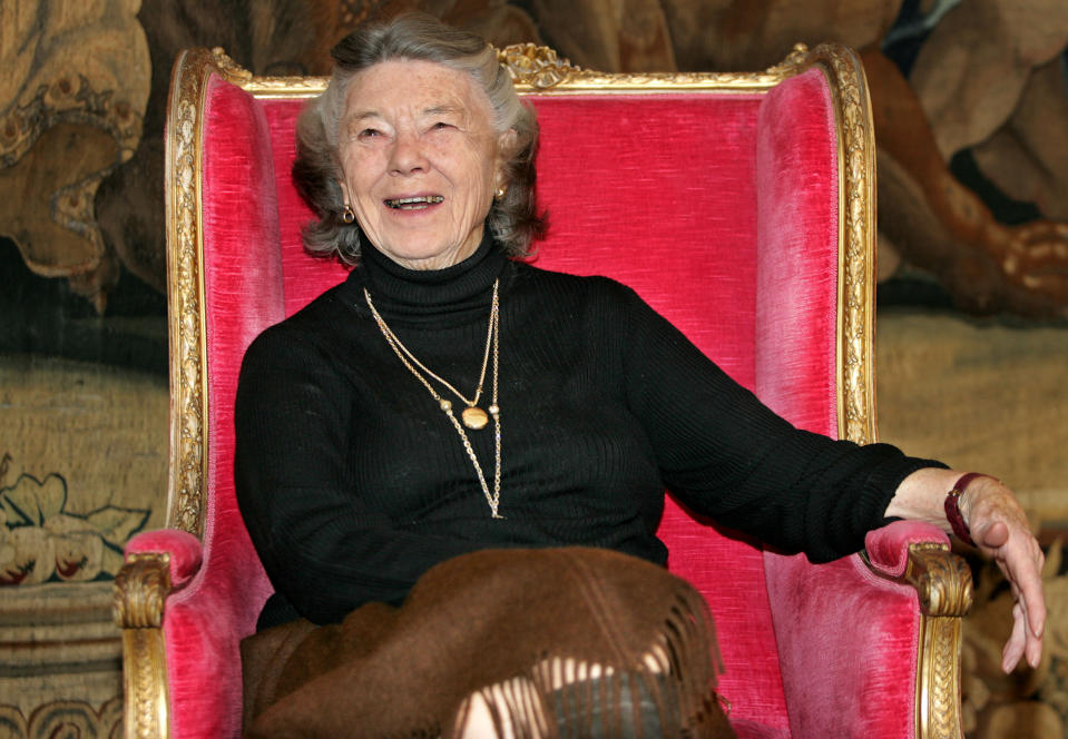 FILE - In this Tuesday, Nov. 8, 2005 file photo, best- selling novel writer Rosamunde Pilcher poses during a photo shooting in Munich, Germany. British writer Rosamunde Pilcher, whose family saga "The Shell Seekers" sold millions of copies around the world, has died at the age of 94 at a hospital in Dundee, Scotland. (AP Photo/Diether Endlicher)