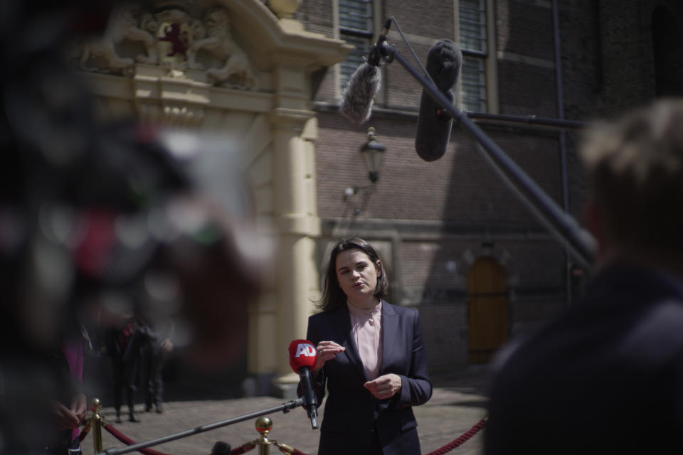 Sviatlana Tsikhanouskaya, former presidential candidate and main figurehead of the Belarus opposition, comments after meeting with Dutch caretaker Prime Minister Mark Rutte in The Hague, Netherlands, Friday, May 28, 2021. (AP Photo/Peter Dejong)