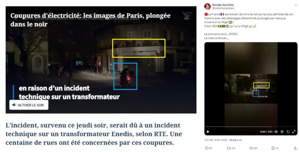 <span>Captures d'écran prise sur le site du Figaro (à gauche) et sur X (à droite) / Encadrés ajoutés par la rédaction de l'AFP</span>