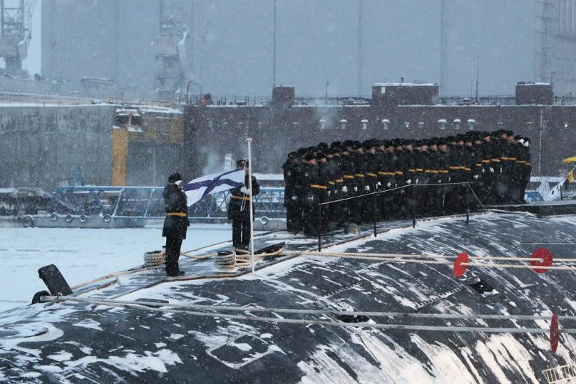 This picture distributed by Russian state agency Sputnik shows the new Imperor Alexander III nuclear submarine during a flag-rising ceremony on December 11, 2023.