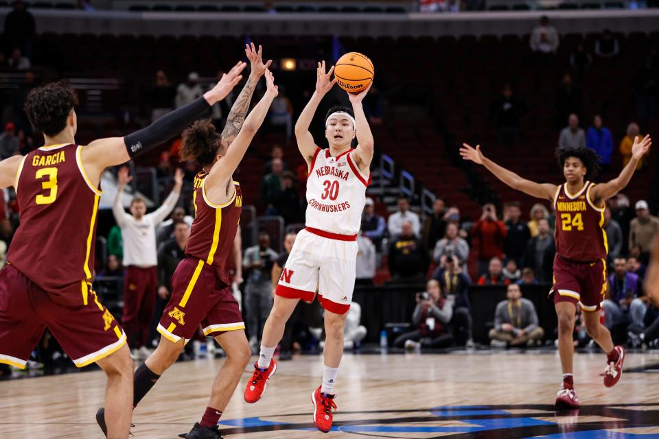 Nebraska Cornhuskers guard Keisei Tominaga shoots and misses during the final seconds against the Minnesota Golden Gophers at United Center, March 8, 2023 in Chicago.