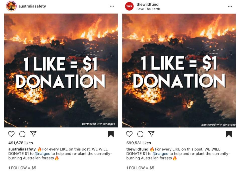 Some scam accounts, like the ones above, falsely claim to be affiliated with legitimate aid organizations. (Photo: Instagram posts)