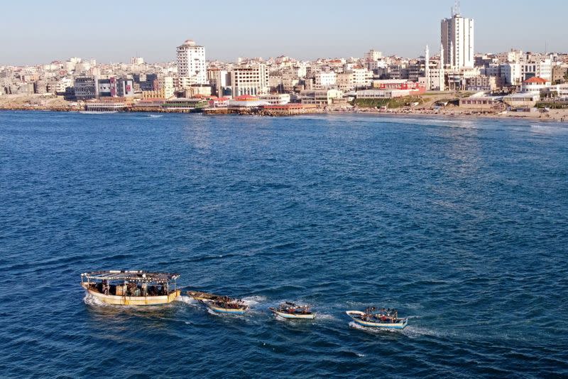 picture taken with a drone shows Palestinian fishing boats near Gaza's seaport in Gaza City