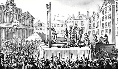 <span class="caption">How a conspiracy theory about the origins of the French Revolution became steeped in antisemitism. </span> <span class="attribution"><a class="link " href="https://upload.wikimedia.org/wikipedia/commons/2/2f/Octobre_1793%2C_supplice_de_9_%C3%A9migr%C3%A9s.jpg" rel="nofollow noopener" target="_blank" data-ylk="slk:Nine émigrés executed by guillotine, from La Guillotine in 1793 by H. Fleischmann/Wikimedia;elm:context_link;itc:0;sec:content-canvas">Nine émigrés executed by guillotine, from La Guillotine in 1793 by H. Fleischmann/Wikimedia</a></span>