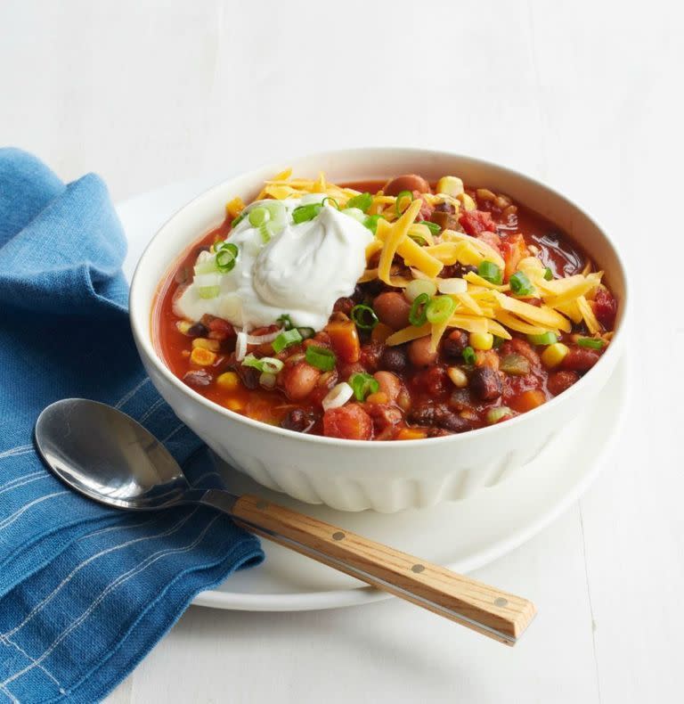 <p>This chili is so flavorful, nobody will even notice that there's no meat in it. It does take a few hours to make, however, so plan accordingly. </p><p><em>Get the <a href="https://www.womansday.com/food-recipes/food-drinks/recipes/a52065/vegetarian-chili-with-wheat-berries-beans-and-corn/" rel="nofollow noopener" target="_blank" data-ylk="slk:Vegetarian Chili with Wheat Berries, Beans, and Corn recipe;elm:context_link;itc:0;sec:content-canvas" class="link ">Vegetarian Chili with Wheat Berries, Beans, and Corn recipe</a>.</em></p>