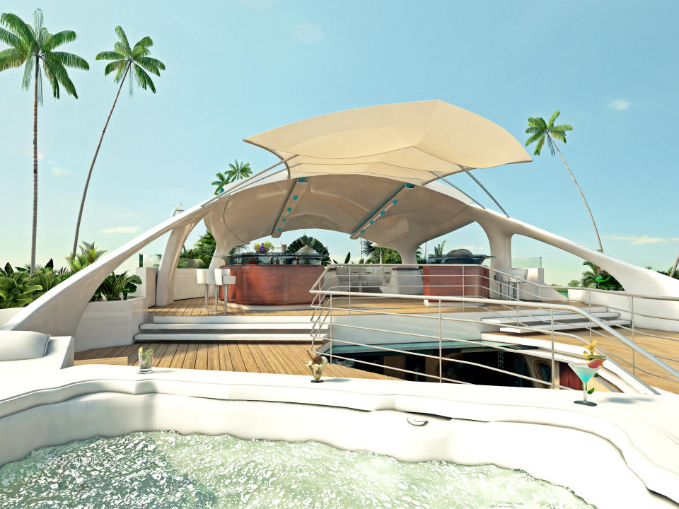 On the sun deck there’s seating for 15 people, a barbecue and a hot tub.