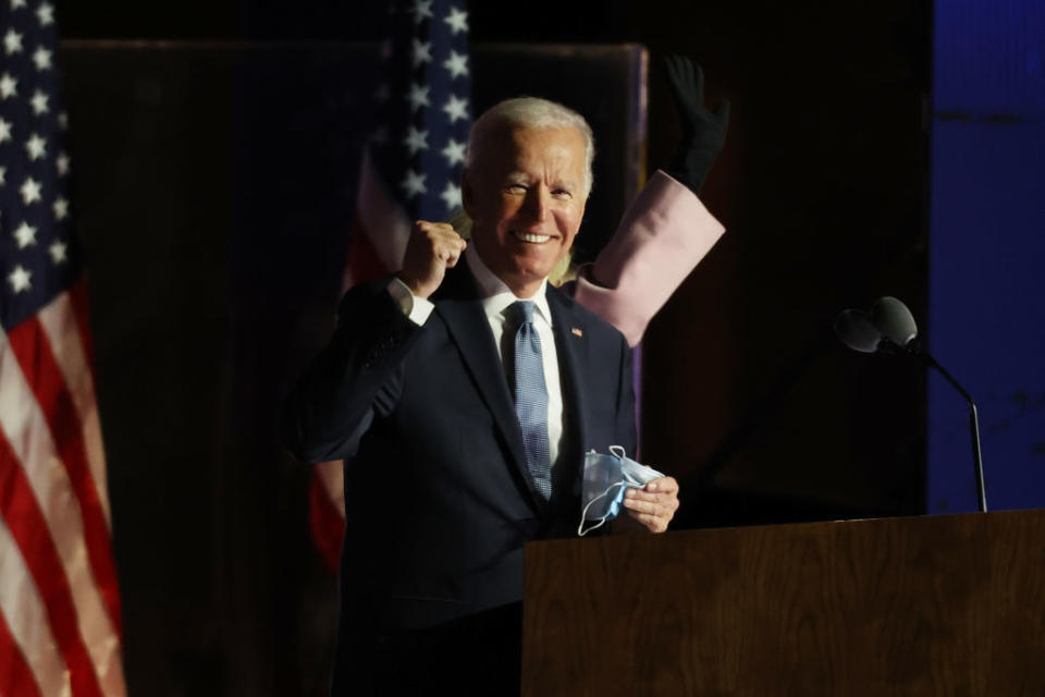 Democratic presidential nominee Joe Biden speaks at a drive-in election night event at the Chase Center in Wilmington, Delaware.