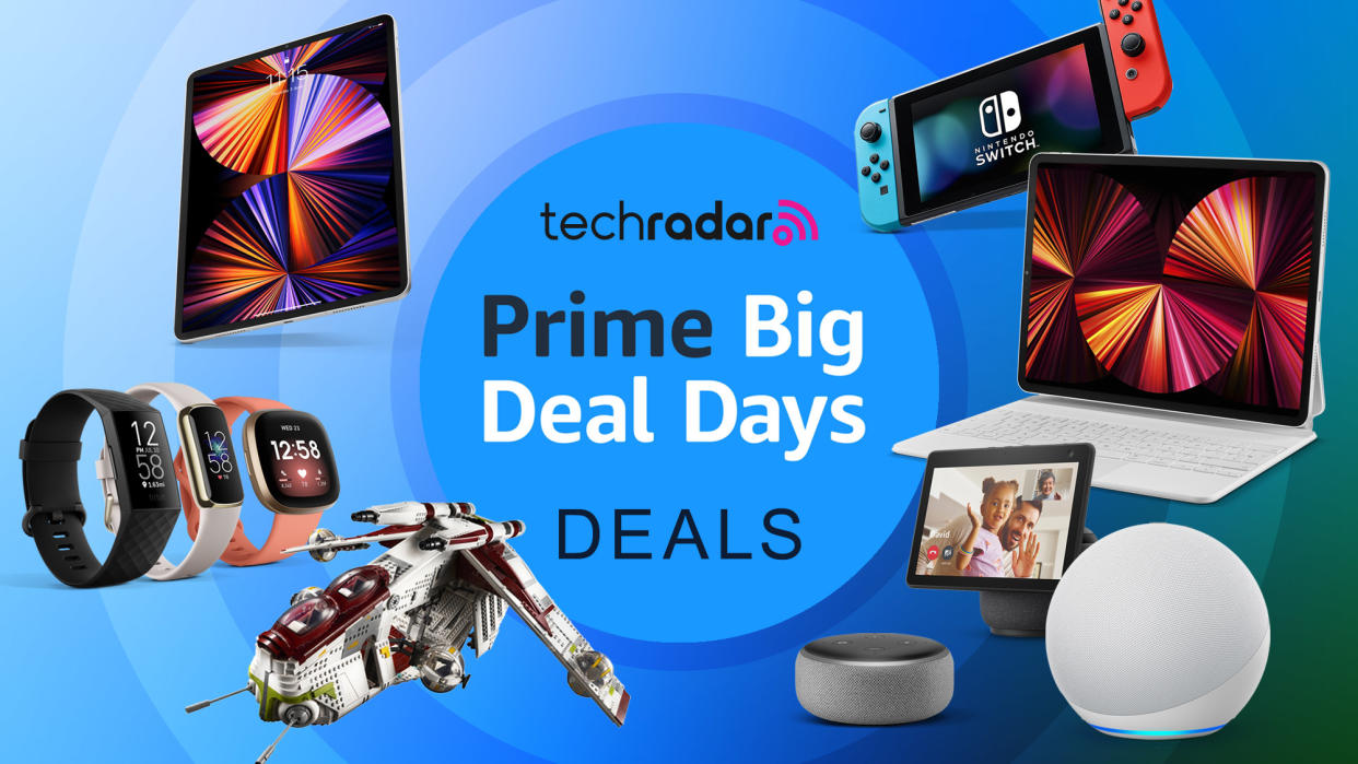  A selection of tech products including iPad, Amazon Echo, Nintendo Switch and Apple Watch on a blue background with concentric circles and the logo TechRadar Prime Big Deal Days in the center. 