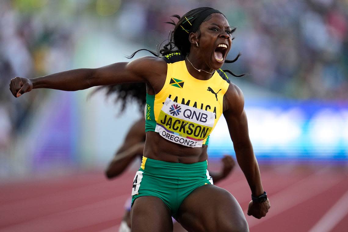 Shericka Jackson led a one-two-seven finish for Jamaican sprinters in Thursday night’s eight-person 200-meter finals. Former Kentucky star Abby Steiner finished fifth, with U.S. teammate Tamara Clark sixth.