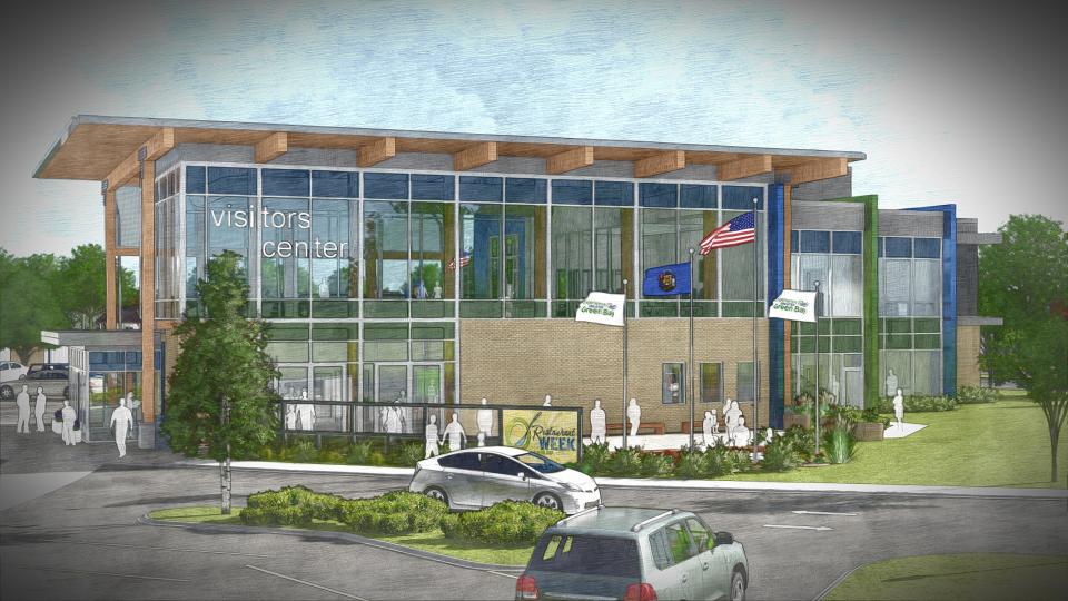 An architectural drawing shows the front facade of a planned visitors center near Interstate 41 and Lombardi Avenue in Ashwaubenon. The center was expected to open in early 2020 but still is short on funding.