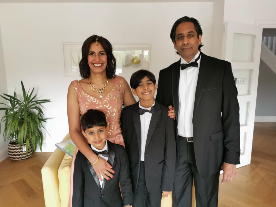 Sharon Dhillon, pictured with her husband Ranji and two sons, Sevi and Nico. (Supplied)