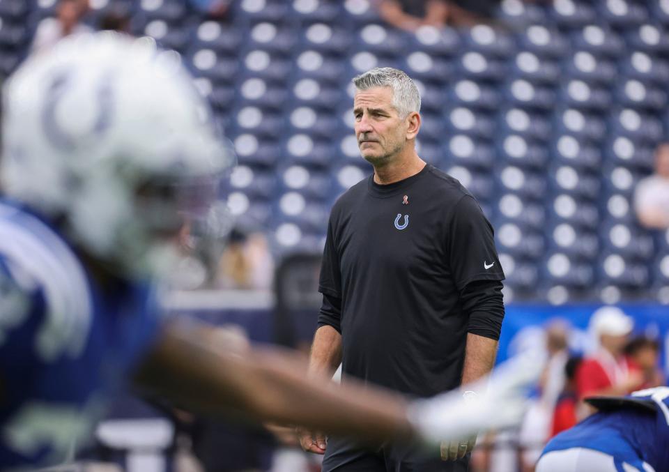 Sep 11, 2022; Houston, Texas, USA; Indianapolis Colts head coach Frank Reich looks on during practice before the game against the Houston Texans at NRG Stadium.