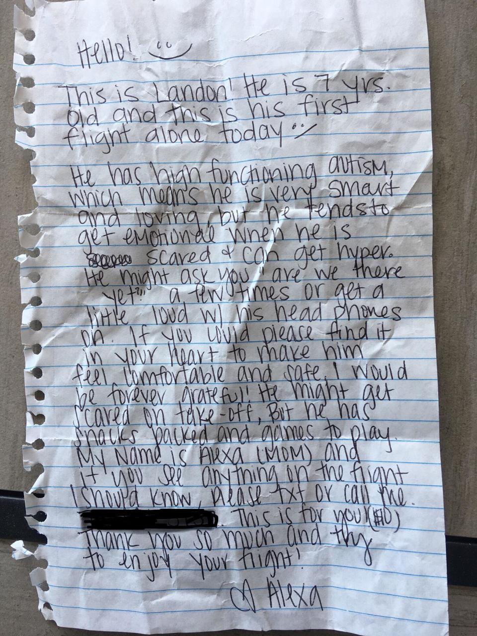 Alexa Bjornson wrote a note to the passenger who would sit next to her son (Credit: Ben Pedraza)