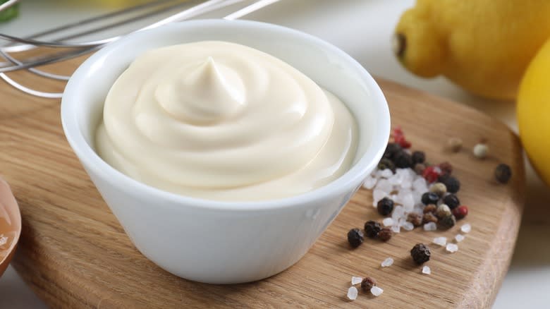 mayonnaise and whole black peppercorns