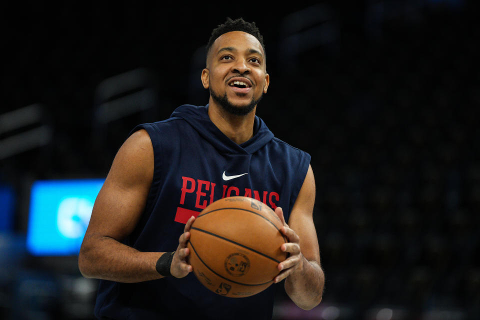 SAN FRANCISCO, CALIFORNIA - MARCH 28: CJ McCollum #3 of the New Orleans Pelicans warms up for a game against the Golden State Warriors at Chase Center on March 28, 2023 in San Francisco, California.  NOTE TO USER: User expressly acknowledges and agrees that, by downloading and or using this photograph, User is consenting to the terms and conditions of the Getty Images License Agreement. (Photo by Loren Elliott/Getty Images)