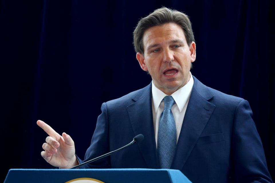 PHOTO: Florida Gov. Ron DeSantis speaks about his new book 'The Courage to Be Free' in the Air Force One Pavilion at the Ronald Reagan Presidential Library, March 5, 2023, in Simi Valley, Calif. (Mario Tama/Getty Images, FILE)