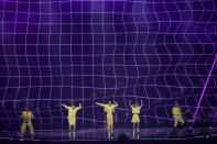 Musical group The Roop from Lithuania perform at the first semi-final of the Eurovision Song Contest at Ahoy arena in Rotterdam, Netherlands, Tuesday, May 18, 2021. (AP Photo/Peter Dejong)