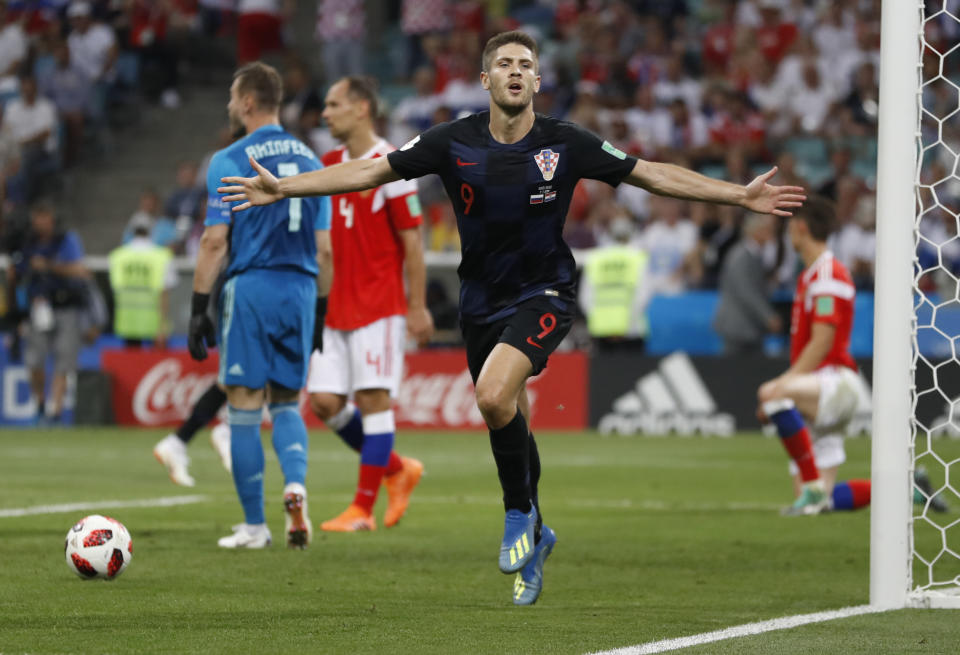 <p>Kramaric celebrates after levelling the score up at 1-1 </p>