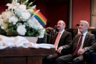 Same-sex couple Karl Kreil and Bodo Mende get married at a civil registry office, becoming Germany's first married gay couple after German parliament approved marriage equality in a historic vote this past summer, in Berlin, Germany October 1, 2017. REUTERS/Axel Schmidt