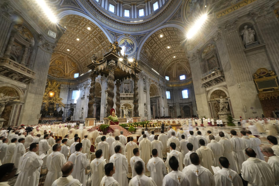 Pope Francis celebrates the Chrism Mass where the chrism, the oil of the catechumens and the oil of the sick are consecrated, and all the priests renew the promises made on the day of their ordination, inside St. Peter's Basilica, at the Vatican, Thursday, April 6, 2023. (AP Photo/Andrew Medichini)