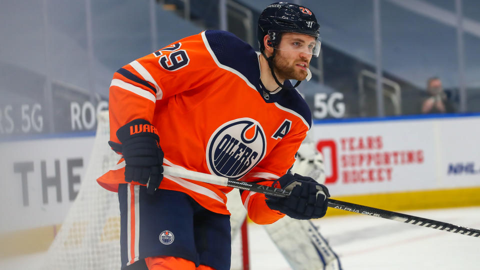 EDMONTON, AB - MARCH 3: Edmonton Oilers Center Leon Draisaitl (29) in action in the first period during the Edmonton Oilers game versus the Toronto Maple Leafs on March 3, 2021 at Rogers Place in Edmonton, AB. (Photo by Curtis Comeau/Icon Sportswire via Getty Images)