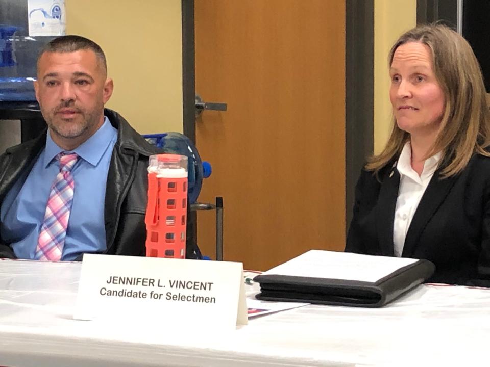 From left, Berkley selectman candidates Maurice Butler and Jennifer Vincent take part in a Meet the Candidates night at the senior center on Tuesday, April 30, 2024.