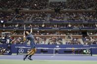 Sep 9, 2018; New York, NY, USA; Novak Djokovic of Serbia serves against Juan Mart’n Del Potro of Argentina (not pictured) in the men's final on day fourteen of the 2018 U.S. Open tennis tournament at USTA Billie Jean King National Tennis Center. Mandatory Credit: Geoff Burke-USA TODAY Sports