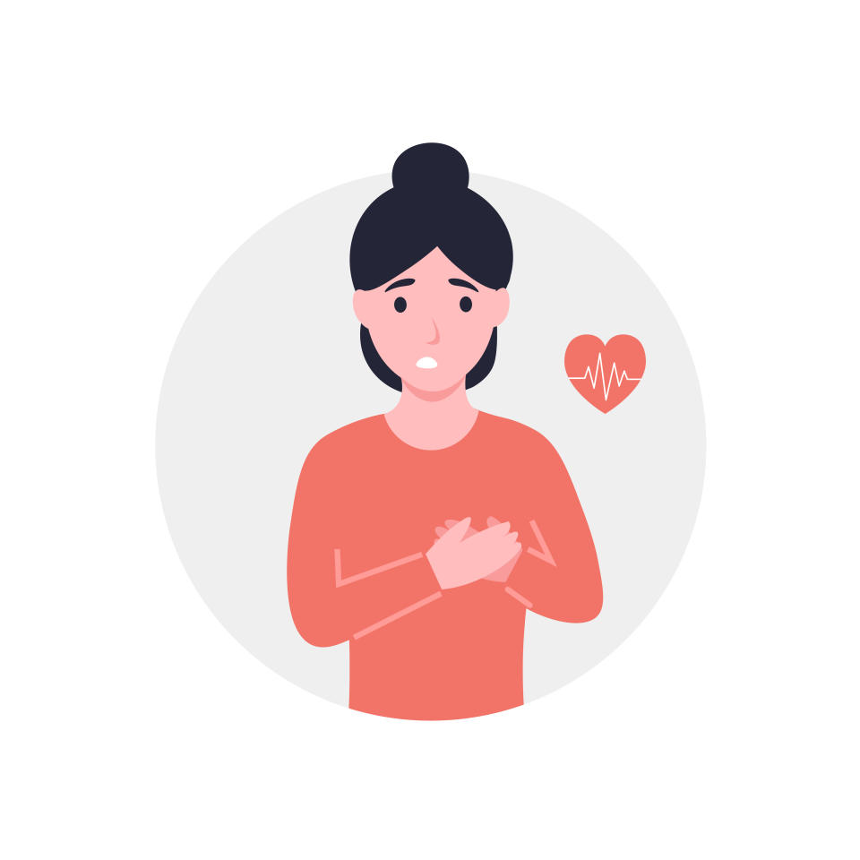 Cartoon illustration of woman holding hands on chest. 