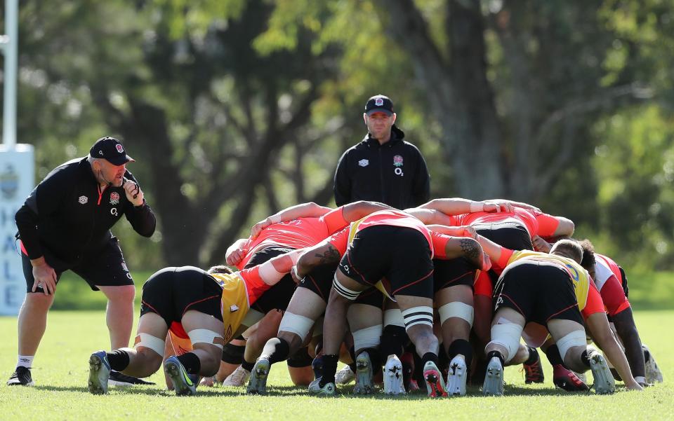 The squad practice a scrum during an England rugby squad training session at the Hale School on June 28, 2022 in Perth, Australia - GETTY IMAGES