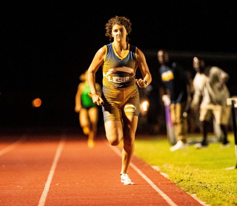 Gianna Del Pizzo, of Lehigh Senior High School anchors the 4x400 during the LCAC Track and Field Championships at Cypress Lake High School on Wednesday, April 17, 2024.