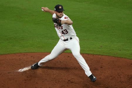 Oct 21, 2017; Houston, TX, USA; Houston Astros starting pitcher Lance McCullers Jr. (43) delivers during the sixth inning in game seven of the 2017 ALCS playoff baseball series against the New York Yankees at Minute Maid Park. Troy Taormina-USA TODAY Sports